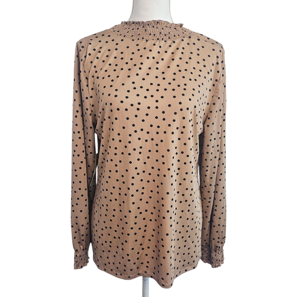 NWT XL Polka Dot Smocked Mock Neck Long Sleeve Blouse Tan Black Top